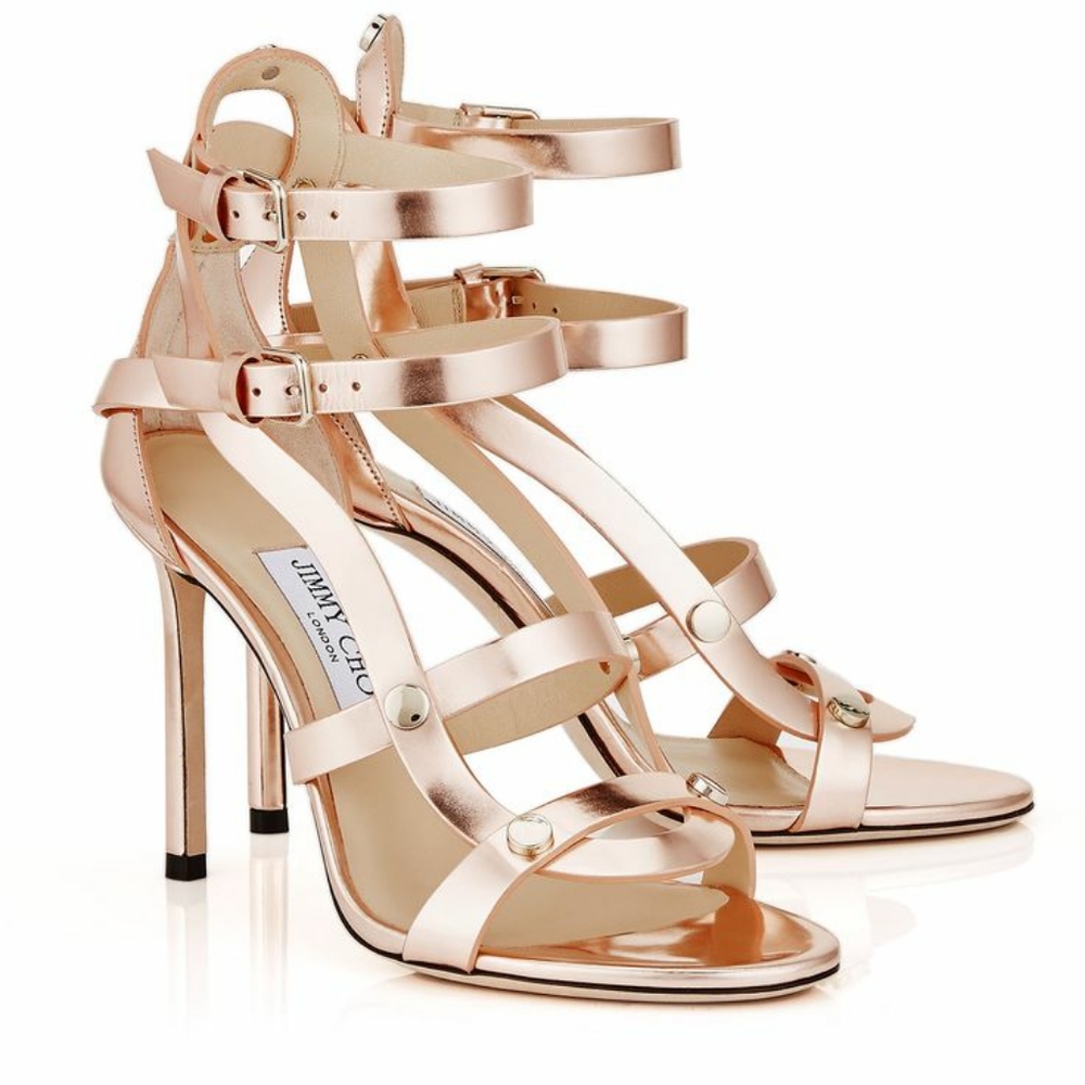 NIB Jimmy Choo Tea Rose/Gold Motoko 100 Sandals Heels, Size 39.5